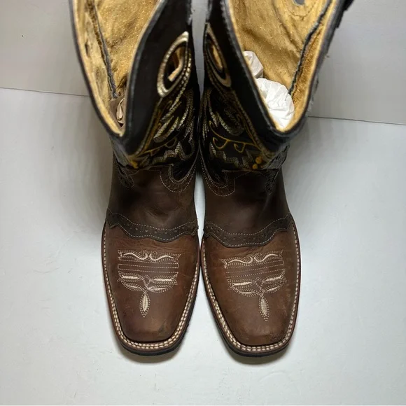 Mens Cowboy Tri-Color Tan Brown Leather Square Toe Rodeo Ranch Western Boots 9.5